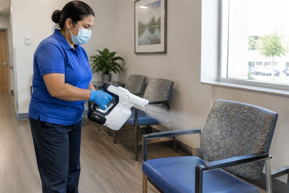 Cleaner in a mask using an electrostatic sprayer in a clinic waiting room
