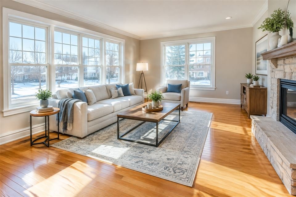 Bright, freshly cleaned living room with hardwood floors